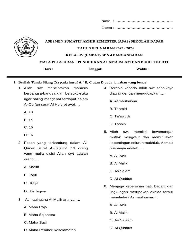 10 Contoh soal PAI kelas 4 SD yang sering keluar saat ujian dan kunci jawabannya