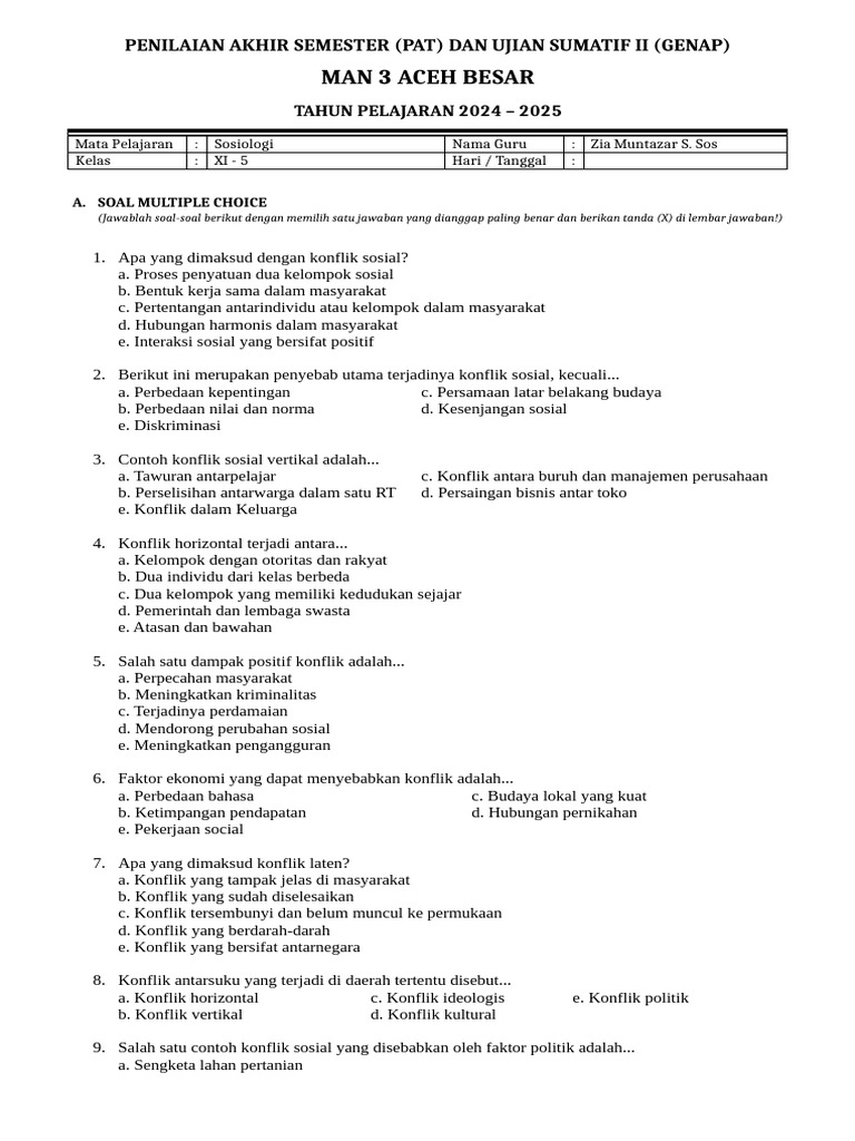 Soal PAT Sosiologi Kelas XI MAN 3 Aceh PDF