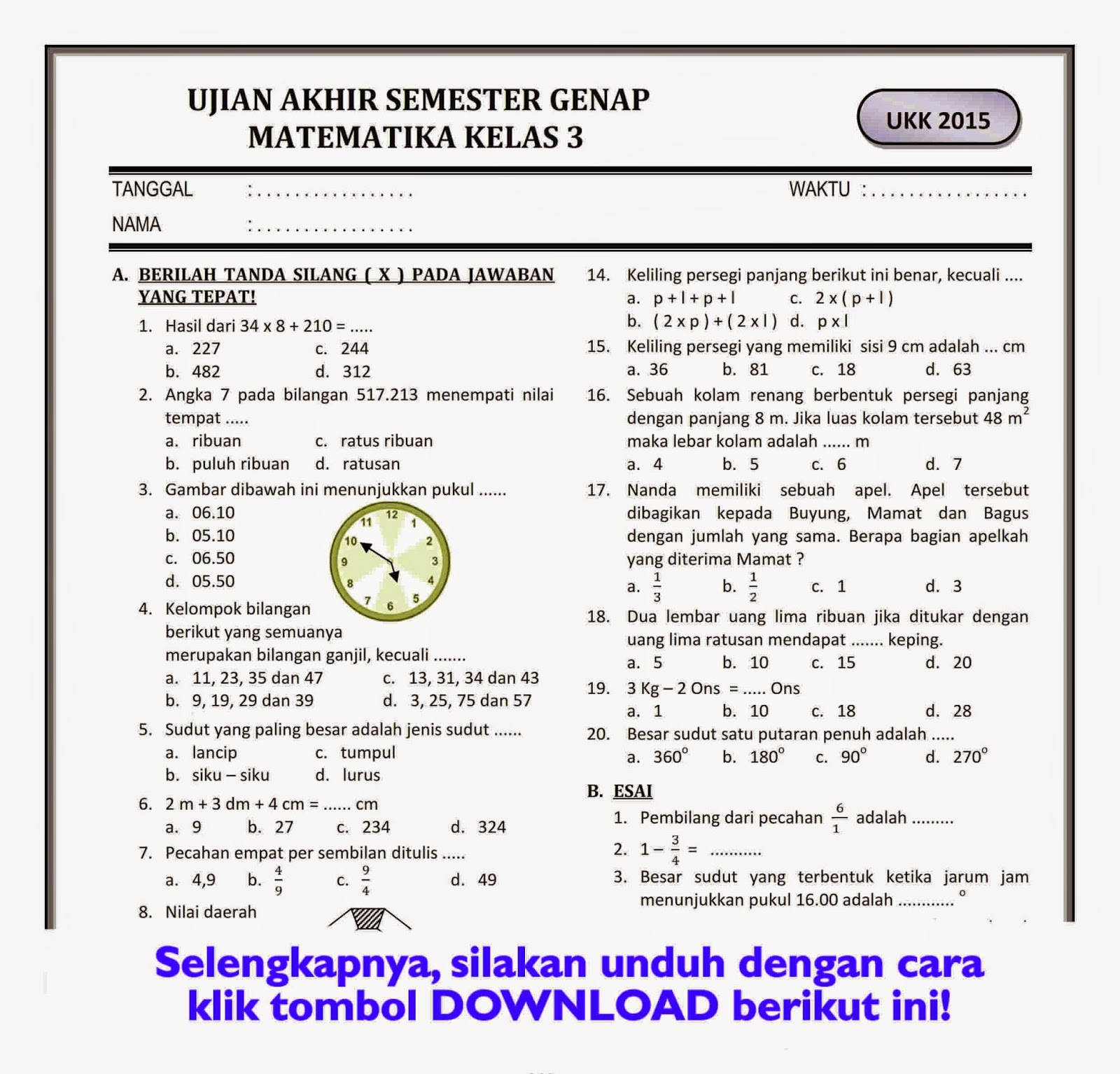 Latihan Soal Matematika Kelas 3 SD Semester 2 Latihan Soal Matematika Kelas 3 SD Semester 2