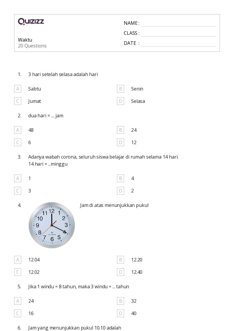 50 lembar kerja Waktu untuk Kelas 2 di Quizizz Gratis Dapat Dicetak