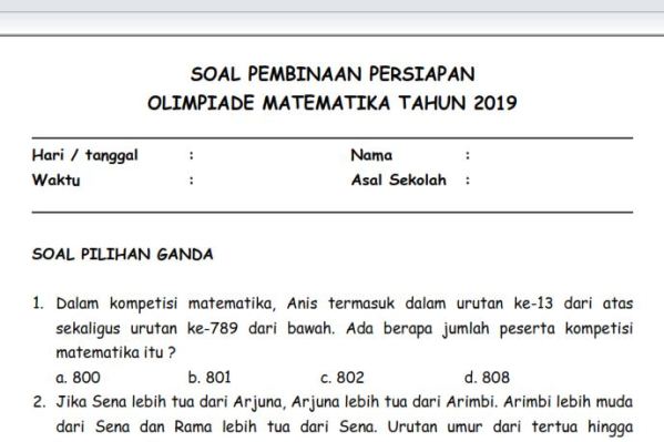 Soal Olimpiade Matematika Kelas 1 Sd Dalchaebi