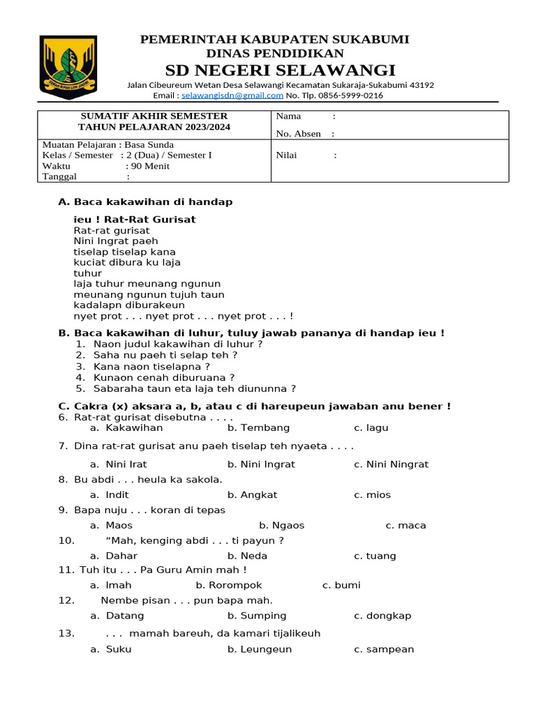 Ujian Akhir Basa Sunda Kelas 2 PDF