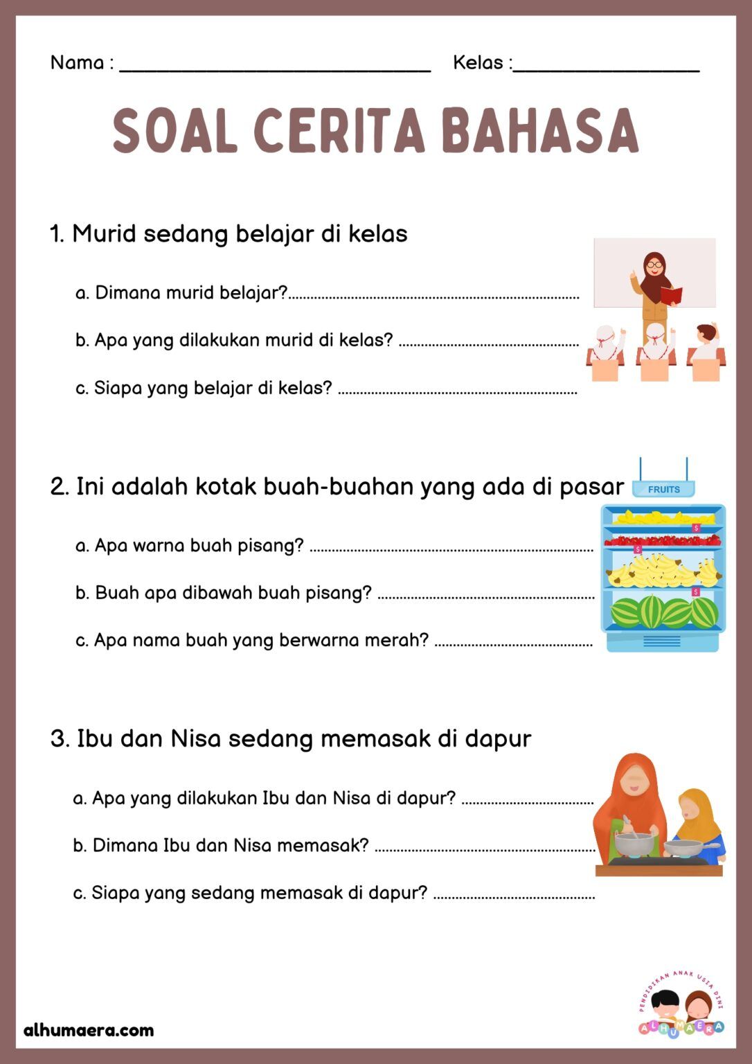 Lembar Kerja Soal Cerita Sederhana - alhumaera Soal bahasa inggris