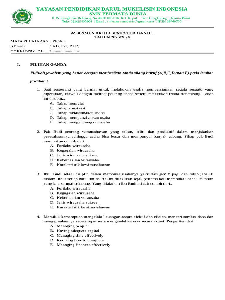 Asesmen PKWU Kelas XI SMK 2025 2026 PDF