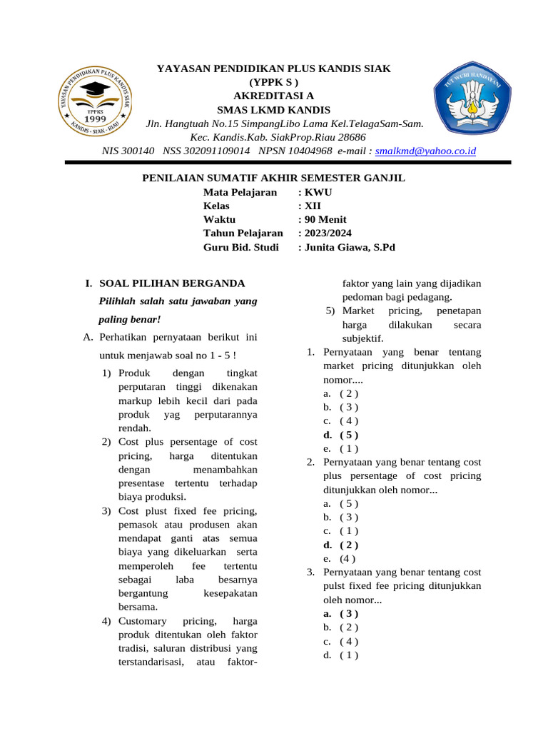 25 Contoh Soal KWK Kelas 12 Semester 2 Lengkap dengan Kunci Jawaban yang Wajib Kamu Pelajari
