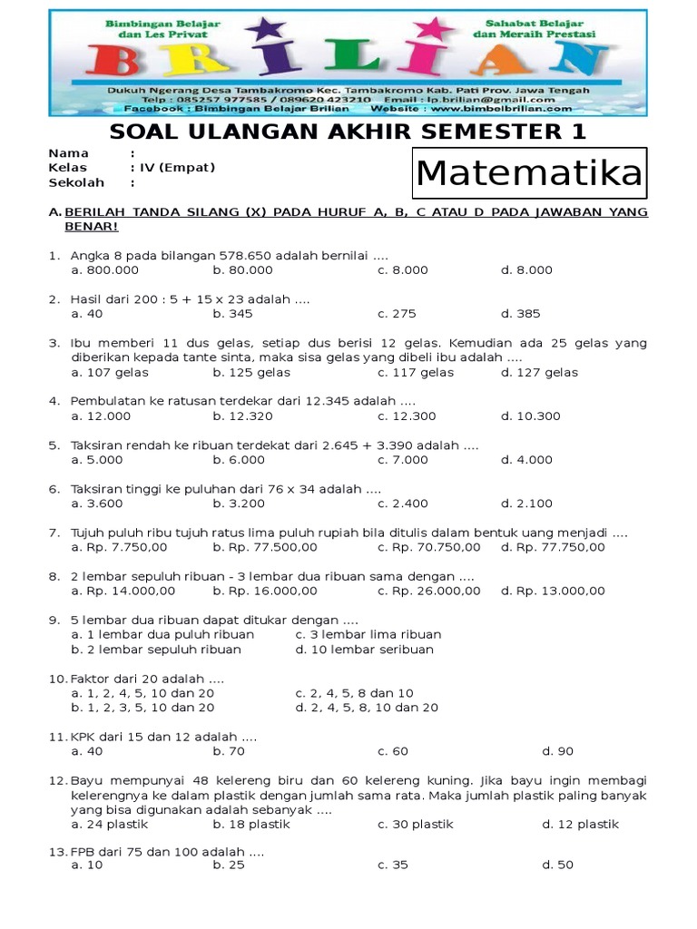 4 contoh soal matematika kelas 4 semester 1 beserta jawabannya, bikin belajar jadi mudah