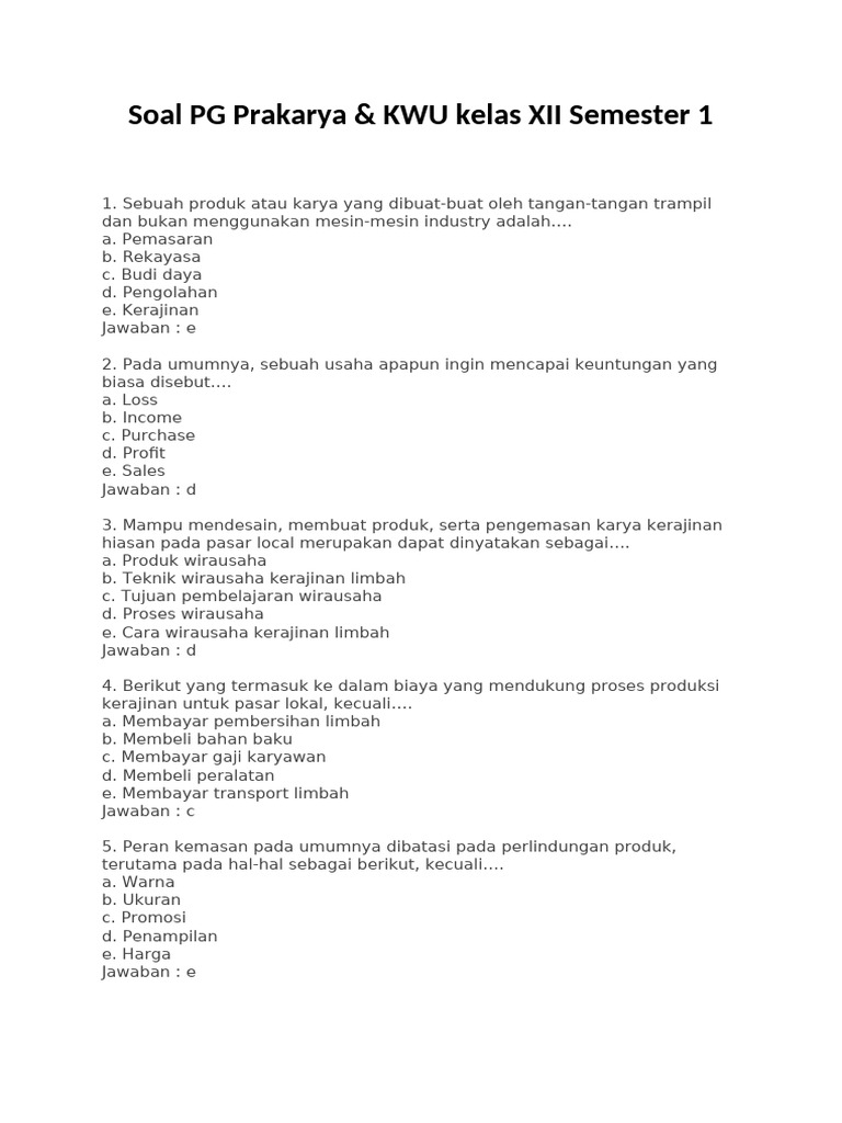 Soal PG Prakarya KWU Kelas XII Semester 1 PDF Soal PG Prakarya KWU Kelas XII Semester 1 PDF