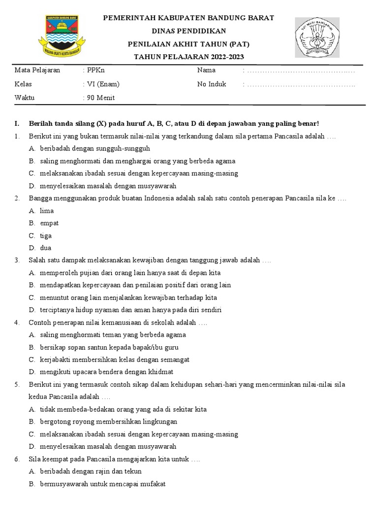 Soal PAT PPKn Kelas 6 Semester 2 PDF Soal PAT PPKn Kelas 6 Semester 2 PDF
