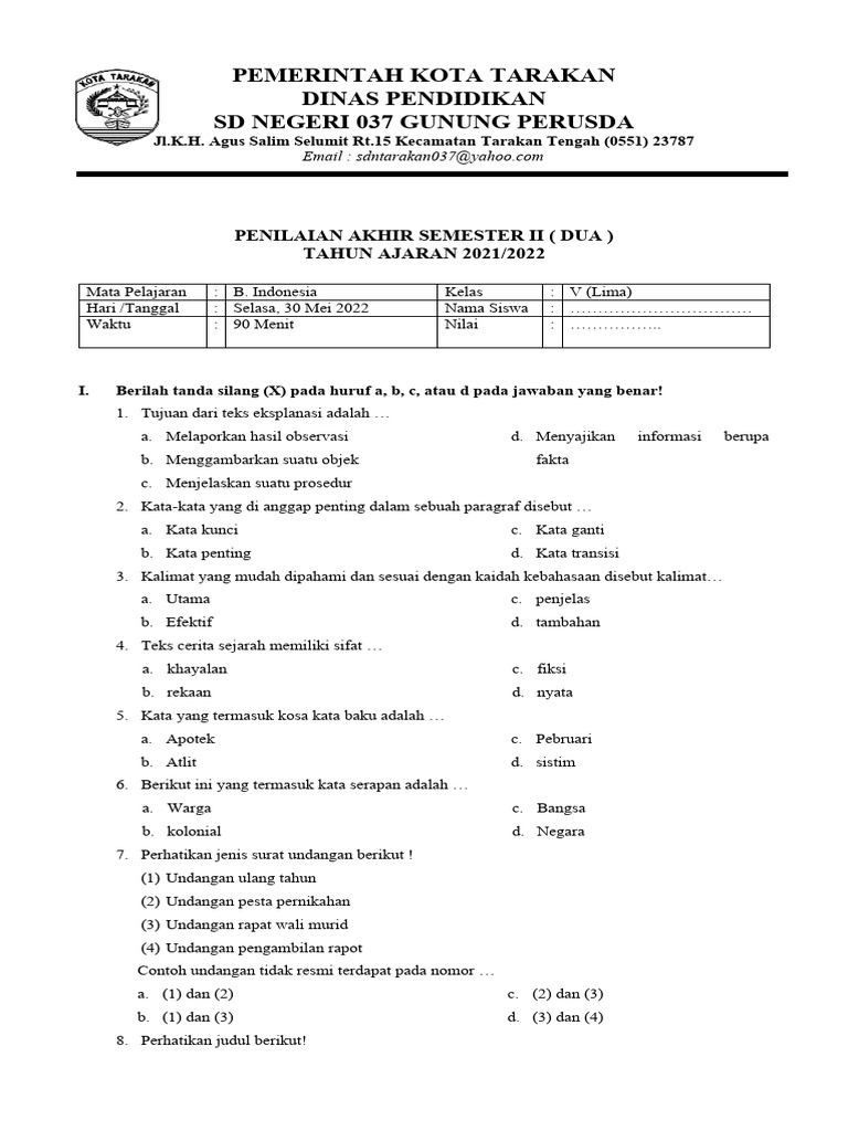 Soal PAS Kelas 5 Bahasa Indonesia PDF Soal PAS Kelas 5 Bahasa Indonesia PDF