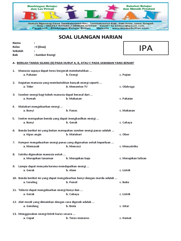 Inilah 7 Contoh Soal Langan IPA Kelas 2 SD Tentang Enegi yang Sering Muncul di Ujian Semester