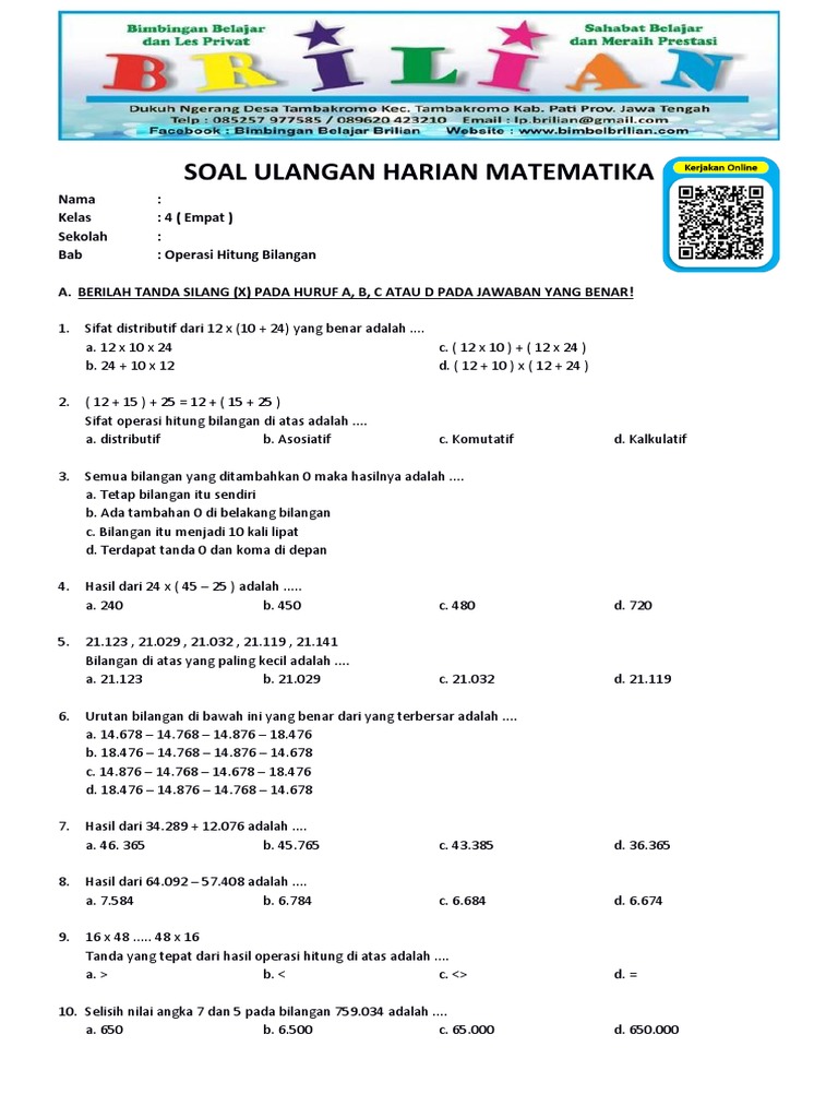 Soal Matematika Kelas 4 SD Bab 1 Operasi Hitung Bilangan Dan Kunci Soal Matematika Kelas 4 SD Bab 1 Operasi Hitung Bilangan Dan Kunci