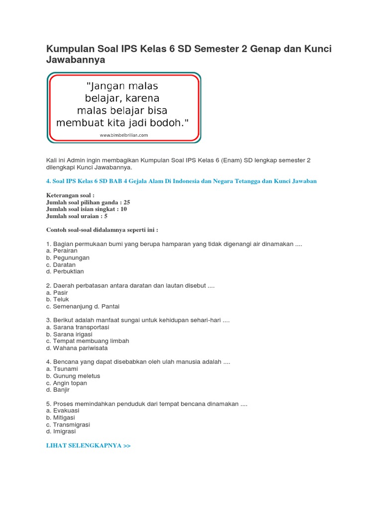 Soal IPS Kelas 6 Semester 2 dan Kunci PDF Soal IPS Kelas 6 Semester 2 dan Kunci PDF