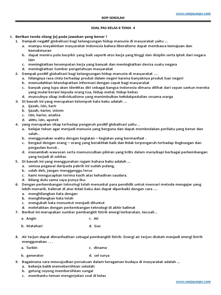 Soal Globalisasi Kelas 6 Tema 4 PDF Soal Globalisasi Kelas 6 Tema 4 PDF