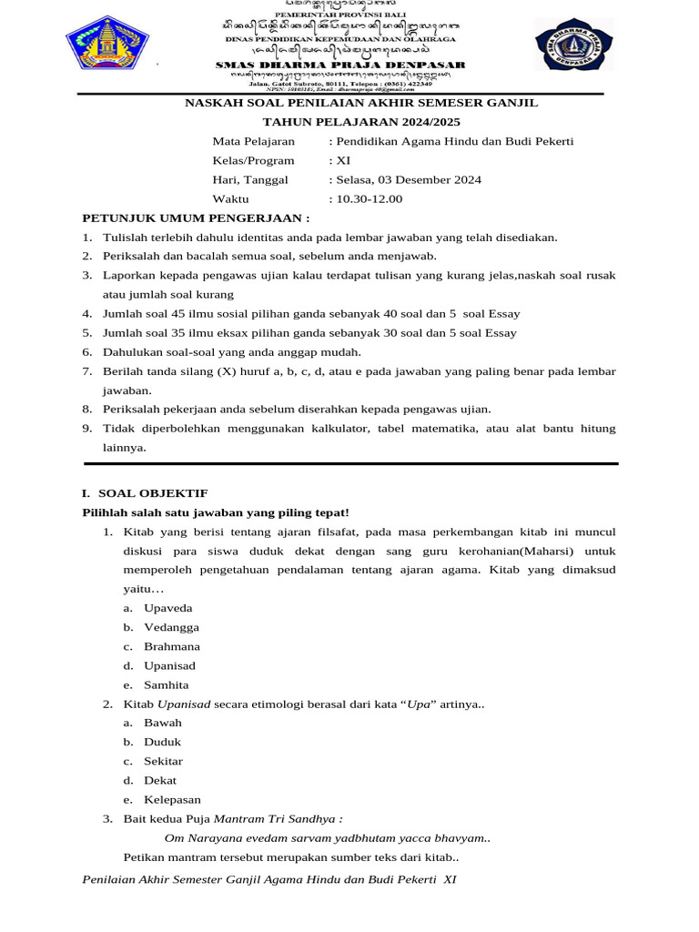 Soal Penilaian Agama Hindu Kelas XI PDF Soal Penilaian Agama Hindu Kelas XI PDF