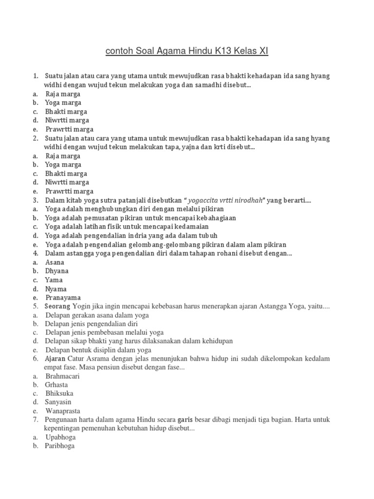 contoh soal agama hindu kelas xi semester 2 kurikulum2013