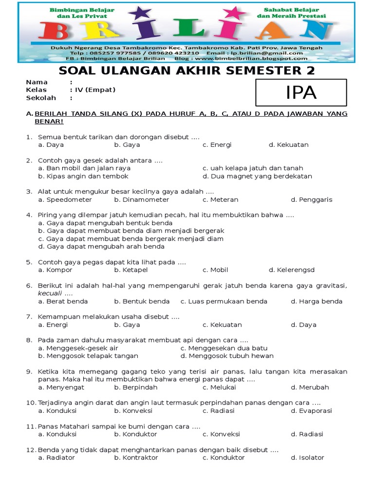 kumpulan soal ulangan harian kelas 4 sd semester 2