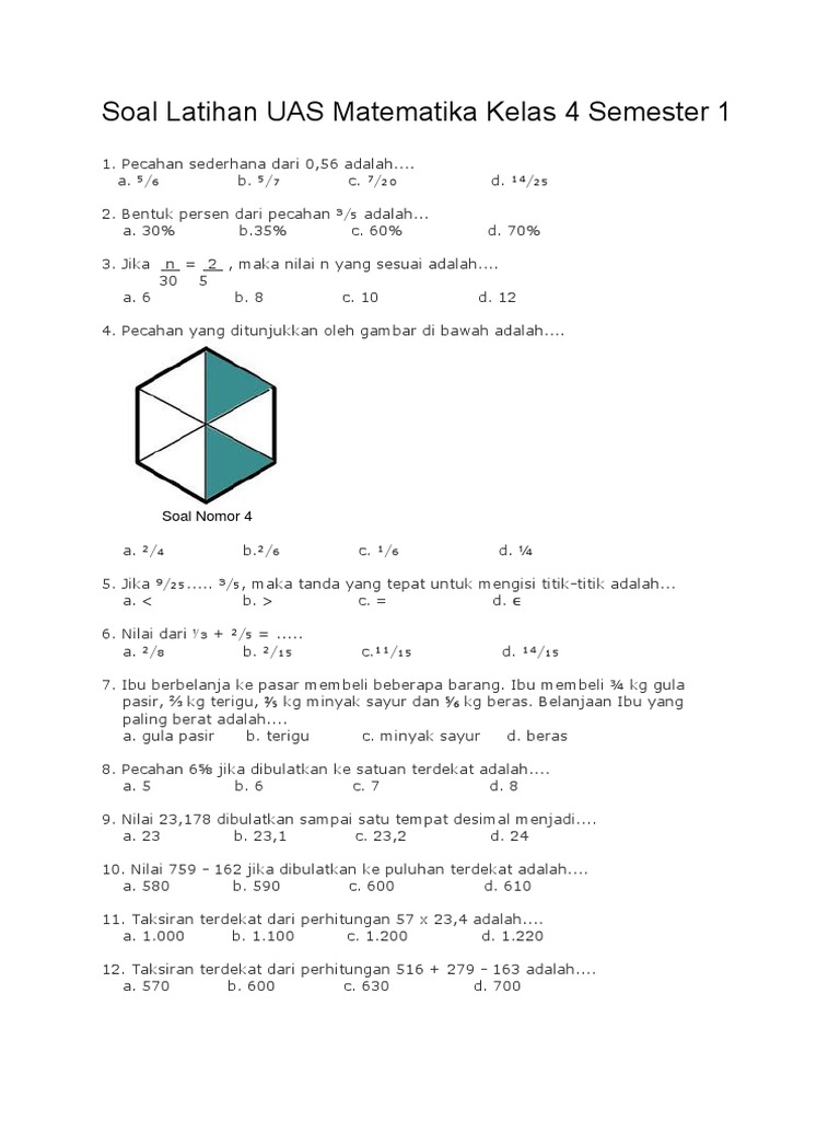 kumpulan soal ulangan harian matematika kelas 4 semester 1