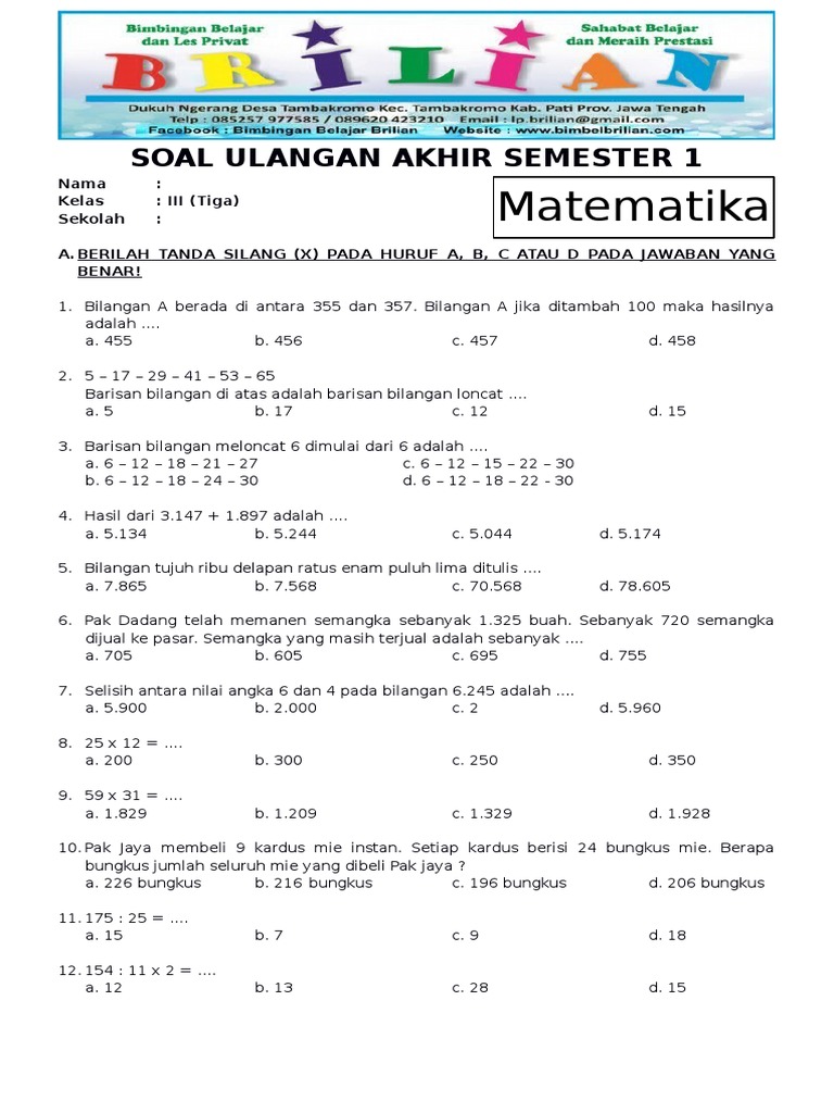 7 Contoh Soal Matematika Kelas 3 Semester 1 K13 Terbukti Membantu Anak Sukses Sekarang