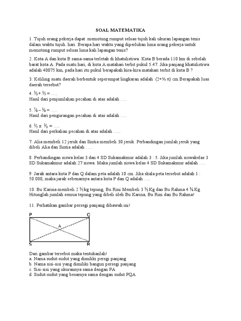 Soal Matematika Kelas 5 Essay PDF Soal Matematika Kelas 5 Essay PDF