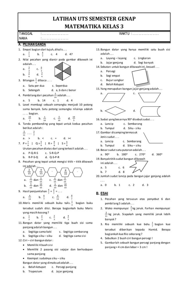 Rahasia Lulus Nilai Sempurna Lewat Contoh Soal UAS Matematika Kelas 3 SD Semester 2 Kurikulum 2013