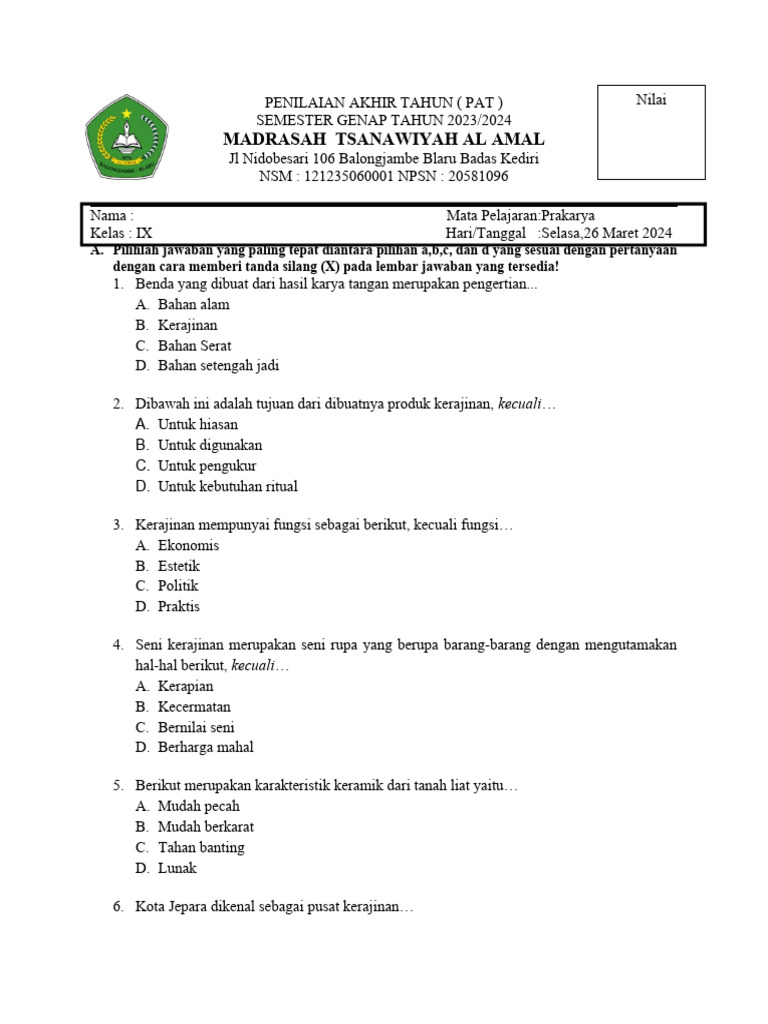 Rahasia Lulus Nilai Sempurna dengan Bocoran Soal PAT Prakarya Kelas 9 Semester 2