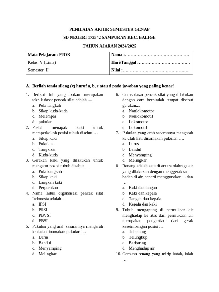 Rahasia Lulus Nilai Sempurna dengan Kumpulan Soal PAS PJOK Kelas 5 Semester 2 Terbaru Rahasia Lulus Nilai Sempurna dengan Kumpulan Soal PAS PJOK Kelas 5 Semester 2 Terbaru