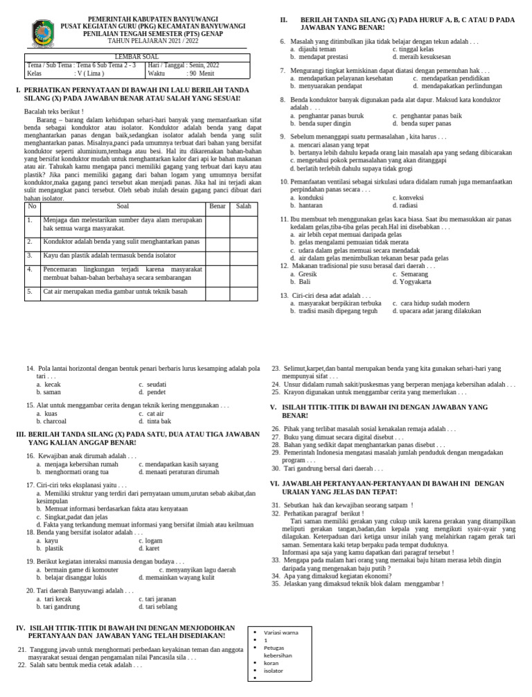 Rahasia Nilai Sempurna Bocoran Soal PTS Tema 6 Kelas 5 Semester 2 Kurikulum 2013