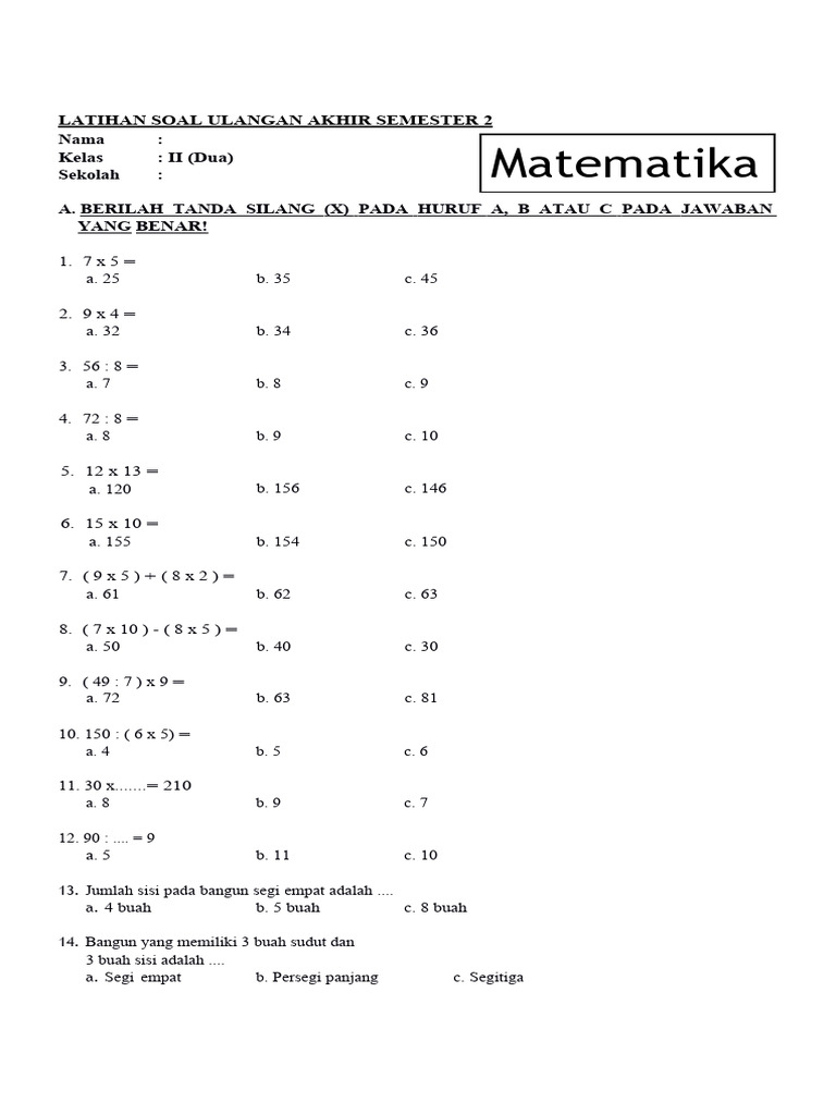 Rahasia Nilai Sempurna dengan Latihan Soal UAS Matematika Kelas 2 SD Terbaru Rahasia Nilai Sempurna dengan Latihan Soal UAS Matematika Kelas 2 SD Terbaru