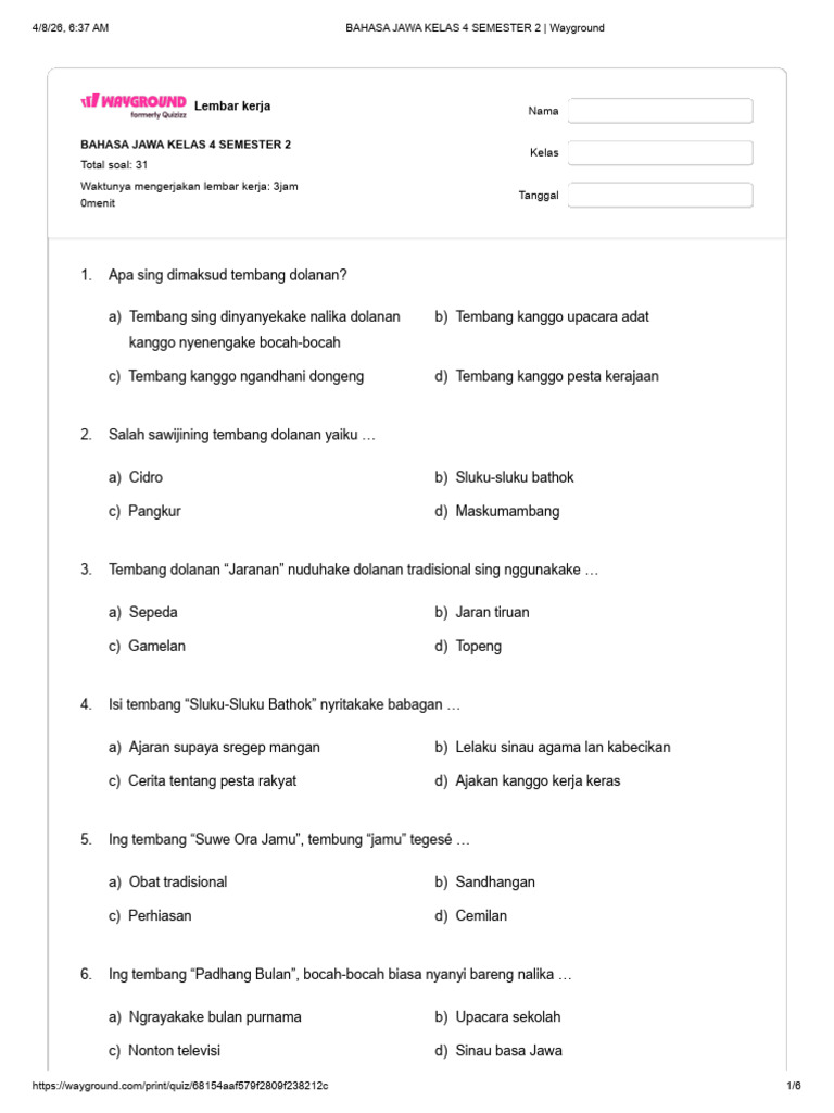 Wajib Tahu Bocoran Soal Bahasa Jawa Kelas 4 Semester 2 dan Kunci Jawaban Terbaru Wajib Tahu Bocoran Soal Bahasa Jawa Kelas 4 Semester 2 dan Kunci Jawaban Terbaru